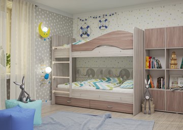 Детская 2-ярусная кровать Мая с 2 ящиками на щитах, корпус Шимо светлый, фасад Шимо темный в Арзамасе