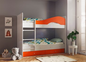 Двухъярусная детская кровать Мая с 2 ящиками на щитах, корпус Млечный дуб, фасад Оранжевый в Нижнем Новгороде