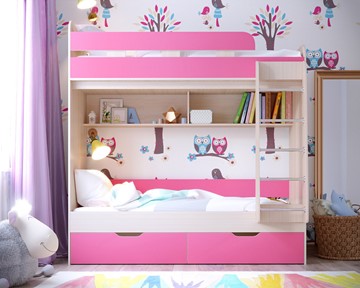 Детская 2-этажная кровать Ярофф Юниор-5, каркас Дуб, фасад Розовый в Нижнем Новгороде