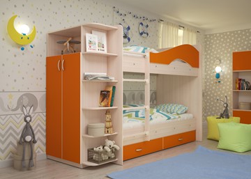 Детская кровать для девочки Мая на щитах со шкафом и ящиками, корпус Млечный дуб, фасад Оранжевый в Нижнем Новгороде