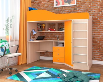 Детская кровать-чердак Кадет-1 с металлической лестницей, корпус Дуб, фасад Оранжевый в Нижнем Новгороде