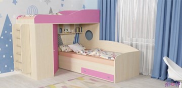 Детская кровать-шкаф Кадет-2 с металлической лестницей, корпус Дуб, фасад Розовый в Нижнем Новгороде