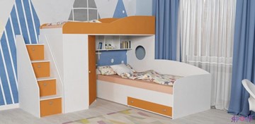 Детская кровать для мальчика Кадет-2 с универсальной лестницей, корпус Белое дерево, фасад Оранжевый в Нижнем Новгороде