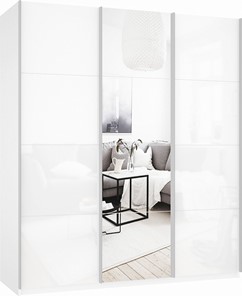 Шкаф трехдверный Прайм (Белое стекло/Зеркало/Белое стекло) 2100x570x2300, белый снег в Нижнем Новгороде