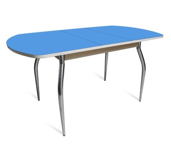 Мини-стол на кухню ПГ-01 СТ2, дуб молочный/синие стекло/35 хром гнутые металл в Арзамасе