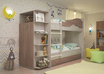 Двухэтажная детская кровать Мая на щитах со шкафом и ящиками, корпус Шимо светлый, фасад Шимо темный в Нижнем Новгороде - предосмотр