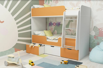 Детская 2-этажная кровать Малыш двойняшка 70х160, корпус Белое дерево, фасад Оранжевый в Нижнем Новгороде