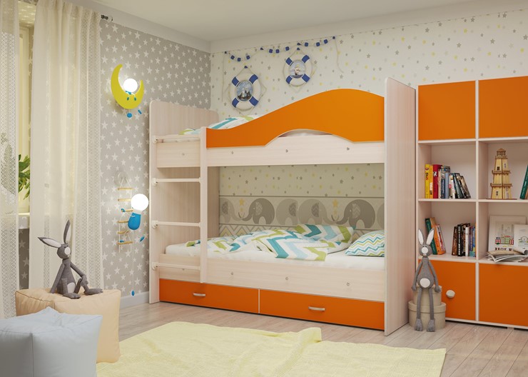 Кровать 2-ярусная Мая на щитах со шкафом и ящиками, корпус Млечный дуб, фасад Оранжевый в Нижнем Новгороде - изображение 1