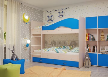 Детская двухъярусная кровать Мая на щитах со шкафом и ящиками, корпус Млечный дуб, фасад Синий в Нижнем Новгороде - предосмотр 2