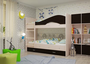Детская двухэтажная кровать Мая на щитах со шкафом и ящиками, корпус Млечный дуб, фасад Венге в Нижнем Новгороде - предосмотр 1