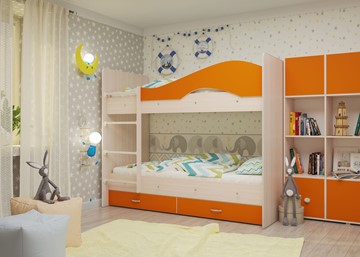 Двухъярусная детская кровать Мая с 2 ящиками на щитах, корпус Млечный дуб, фасад Оранжевый в Нижнем Новгороде - предосмотр 3