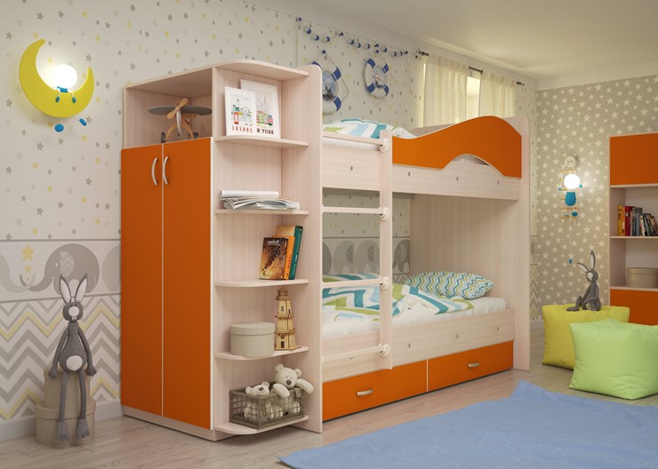 Двухъярусная детская кровать Мая с 2 ящиками на щитах, корпус Млечный дуб, фасад Оранжевый в Нижнем Новгороде - изображение 1