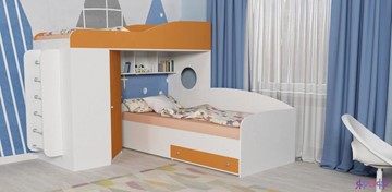 Детская кровать-чердак Кадет-2 с металлической лестницей, корпус Белое дерево, фасад Оранжевый в Нижнем Новгороде - предосмотр