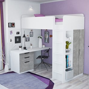 Кровать детская с письменным столом и шкафом POLINI Kids Simple Белый / Бетон в Нижнем Новгороде - предосмотр 1