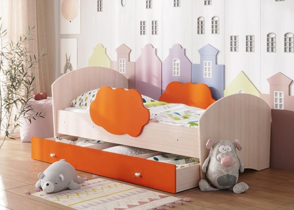 Детская кровать Тучка с ящиком, корпус Дуб млечный, фасад Оранжевый в Нижнем Новгороде - изображение
