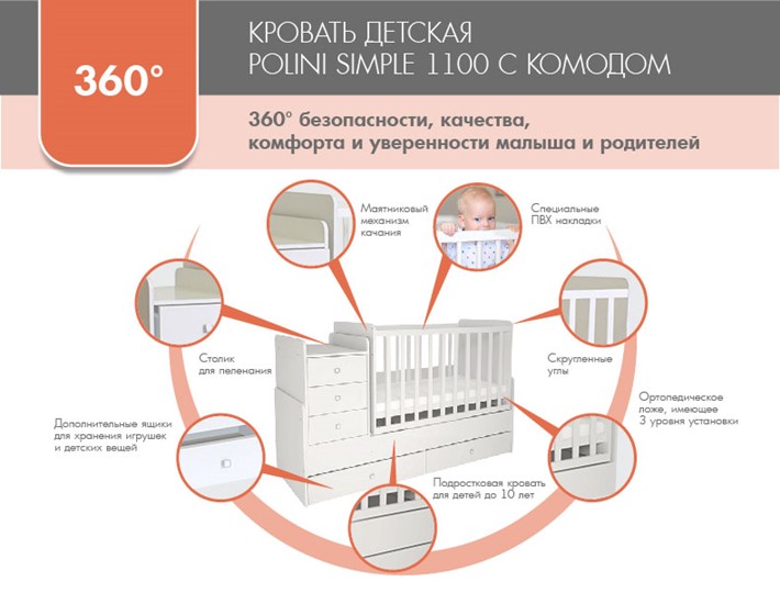 Детская кровать с комодом POLINI Kids Simple 1100 Слоновая кость в Нижнем Новгороде - изображение 4