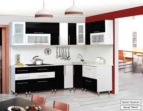 Угловая кухня Мыло 224 2600х1600, цвет Черный/Белый металлик в Нижнем Новгороде - изображение