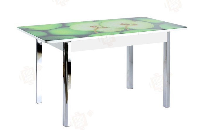 Кухонный стол раскладной Айсберг-02 СТФ, белое лдсп/зеленые яблоки/ноги хром квадратные в Нижнем Новгороде - изображение 3