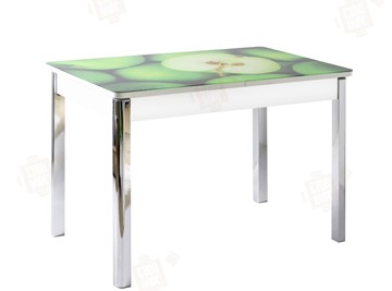 Кухонный стол раскладной Айсберг-02 СТФ, белое лдсп/зеленые яблоки/ноги хром квадратные в Нижнем Новгороде - предосмотр