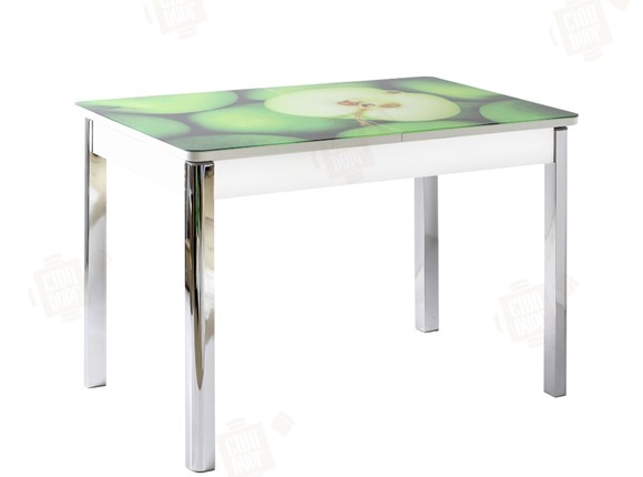 Кухонный стол раскладной Айсберг-02 СТФ, белое лдсп/зеленые яблоки/ноги хром квадратные в Нижнем Новгороде - изображение