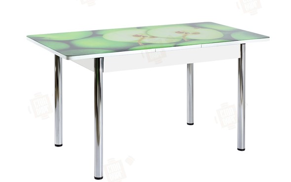 Кухонный стол раскладной Айсберг-01 СТФ, белый/фотопечать зеленые яблоки/ноги хром круглые в Нижнем Новгороде - изображение