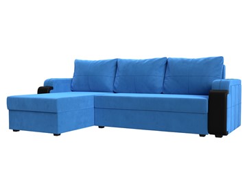 Угловой диван с оттоманкой Николь лайт, Голубой/Черный (велюр/экокожа) в Нижнем Новгороде