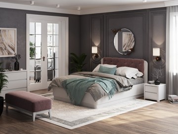 Двуспальная кровать с механизмом Wood Home 1 160х200, Белая эмаль (сосна) с брашированием/Бентлей Нежно-лиловый в Нижнем Новгороде