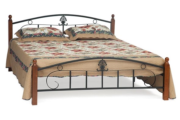 Кровать с основанием РУМБА (AT-203)/ RUMBA дерево гевея/металл, 160*200 см (Queen bed), красный дуб/черный в Нижнем Новгороде - изображение