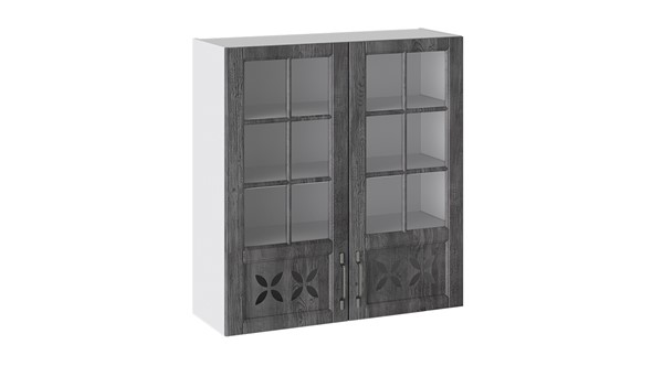 Кухонный навесной шкаф Прованс (Белый глянец/Санторини темный) cо стеклом В_96-90_2ДРДс в Нижнем Новгороде - изображение