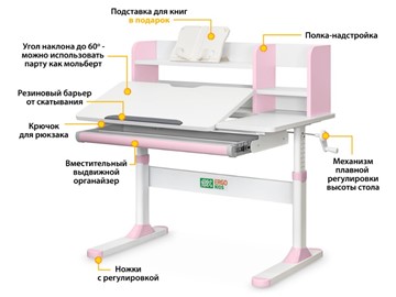 Растущий стол Ergokids TH-330 Pink TH-330 W/PN, столешница белая / накладки на ножках розовые в Нижнем Новгороде - предосмотр 1